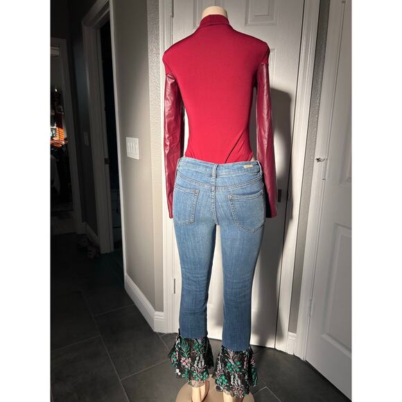 MICAS Burgundy Mock Neck Bodysuit Faux Leather Panels Long Sleeve NWT Size - Picture 3 of 4